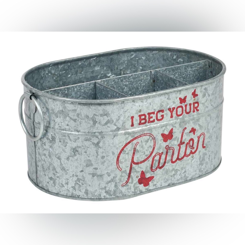 New Dolly Parton “I Beg Your Parton” Galvanized Metal Caddy – Rustic Organizer
